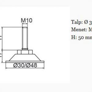 Horganyzott acél állítható láb Ø 30mm talppal, M10x50-es szárral. 100 db HZ