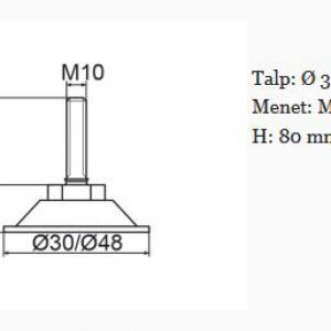 Horganyzott acél állítható láb Ø 30mm talppal, M10x80-as szárral. 100 db HZ