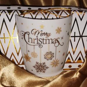 Karácsonyi porcelán bögre arany-antracit díszítéssel, Merry Christmas felirattal, 38 cl, 1 db,