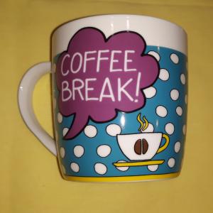 R2S Coffee break porcelán bögre litografált díszdobozban, kék pöttyös, 35 cl, 153432