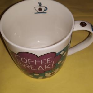 R2S Coffee break porcelán bögre litografált díszdobozban, kék pöttyös, 35 cl, 153432