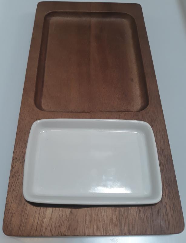 Fa kínáló porcelán tállal, sötétbarna, 18X36X2 cm, 210015