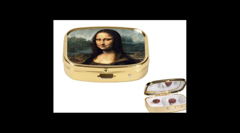 FRI.18196 Gyógyszeres fémdoboz 2 fakkos, 5,1x1,8x3,6cm, Leonardo da Vinci: Mona Lisa