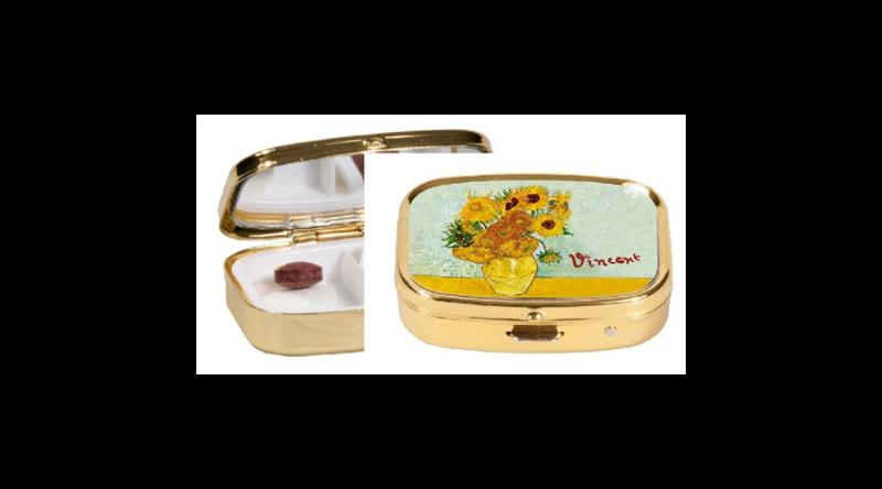 FRI.18242 Gyógyszeres fémdoboz 2 fakkos, 5,1x1,8x3,6cm,Van Gogh:Napraforgók