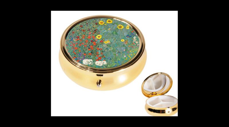 FRI.19924 Gyógyszeres fémdoboz 3 fakkos 6x2,1cm, Klimt: Kert napraforgókkal