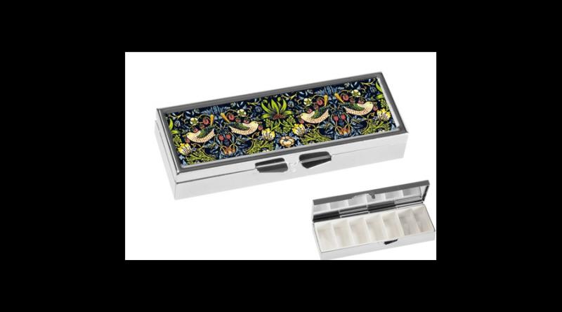 FRI.19976 Gyógyszeres fémdoboz 7 fakkos 10x1,8x3cm, William Morris: The strawberry thief