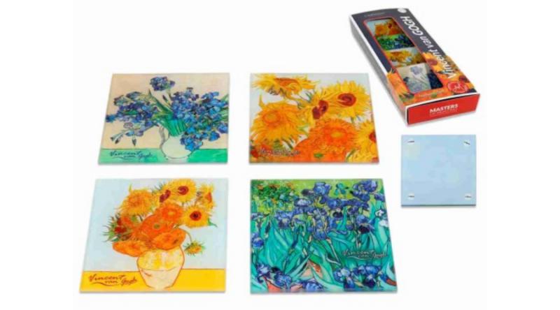 H.C.195-0151 Üveg poháralátét 4db-os szett, 10,5x10,5cm, Van Gogh vegyes (virágok)