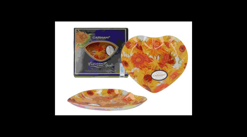 H.C.198-1441 Üvegtányér szív,18x19cm,Van Gogh:Napraforgók