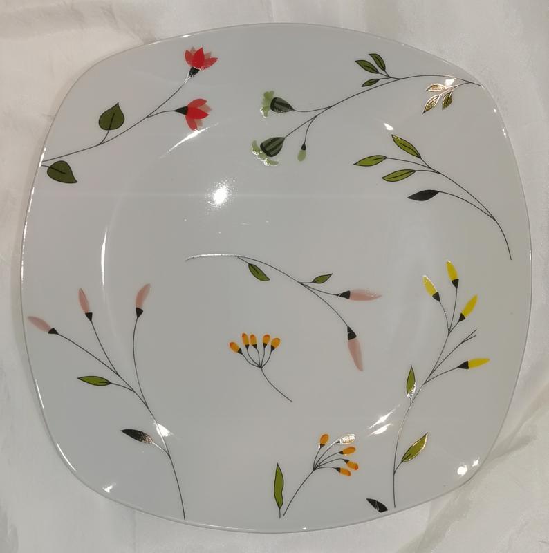 Homefavour szögletes mezei virágos lapos tányér, porcelán, 24x24 cm, 1 db