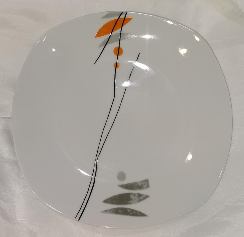 Homefavour szögletes narancs - szürke desszert tányér, porcelán, 19x19 cm, 1 db