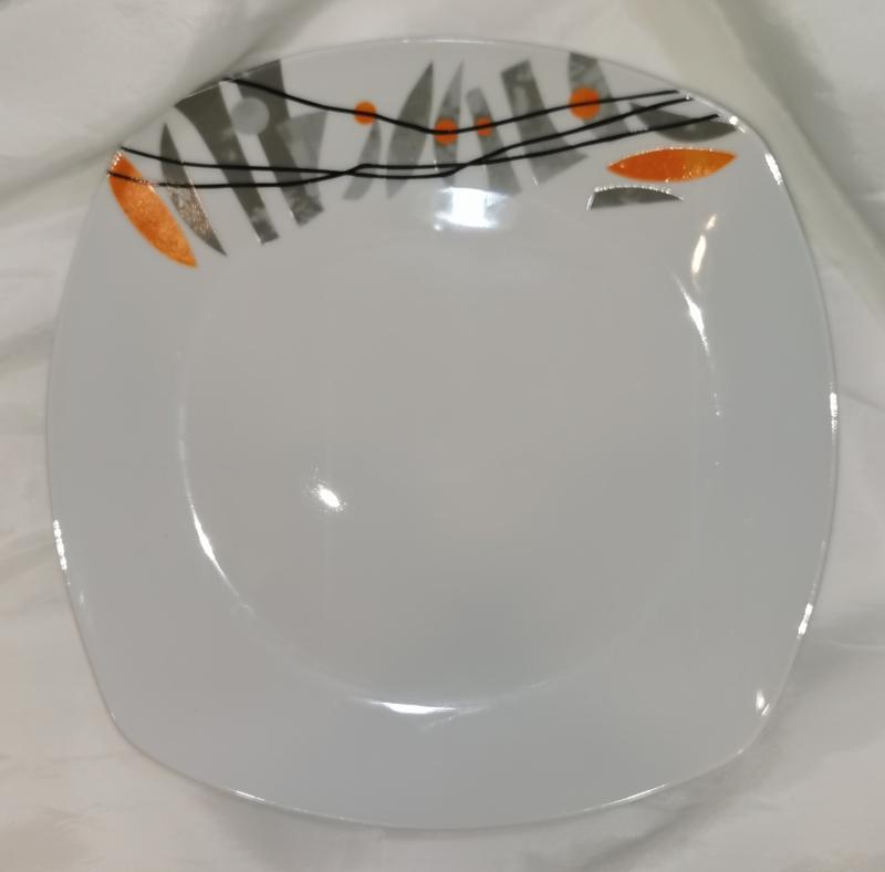 Homefavour szögletes narancs - szürke lapos tányér, porcelán, 24,8x24,8 cm, 1 db