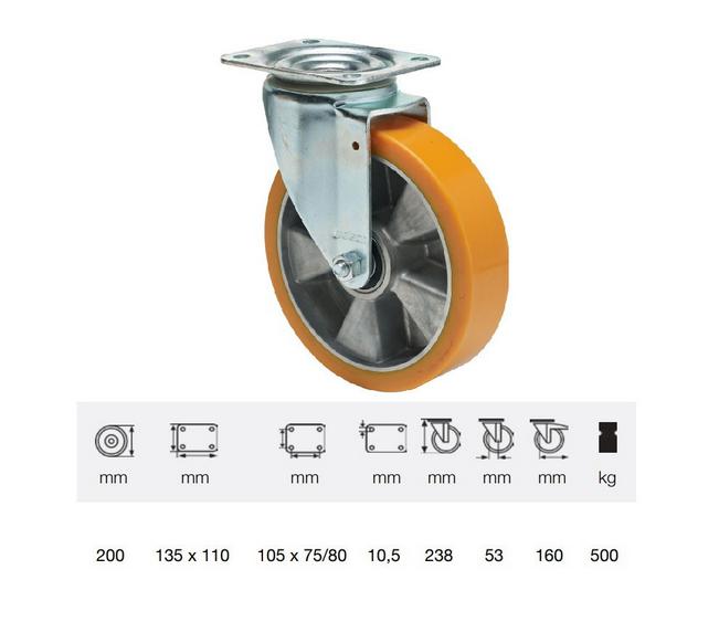 JTAU 2003 6440, Forgó kerék, Poluretán futófelülettel, horganyzott villába szerelve, 200 mm, 500 kg teherbírás, talpas felfogatás