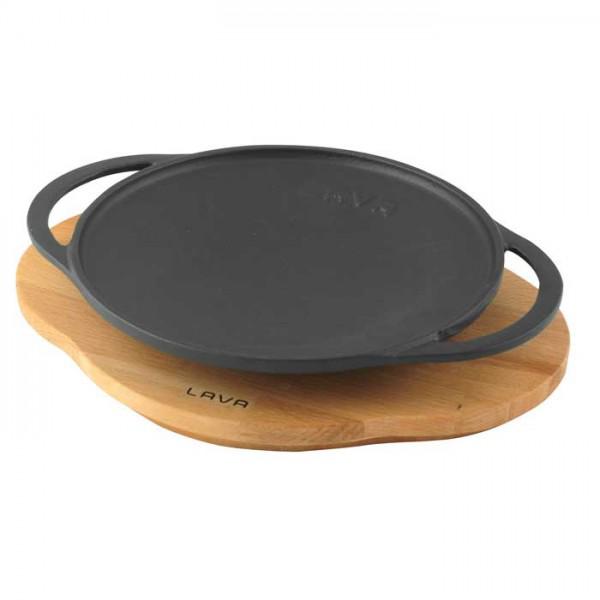 Lava fekete öntöttvas wok (kerek) két füllel, fa alátéttel, 20 cm