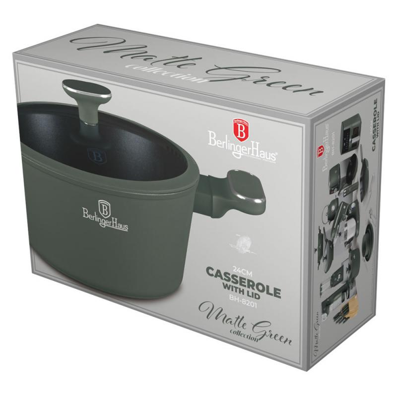 MATTE GREEN bevevonatos lábos 24×11,8cm 4,1l+üveg fedő indukciós, BH-8201