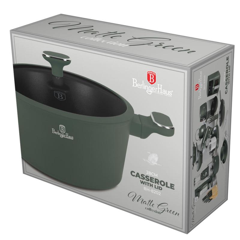 MATTE GREEN bevonatos lábos 28×12,4cm 6,1l+üveg fedő, indukciós, BH-8202