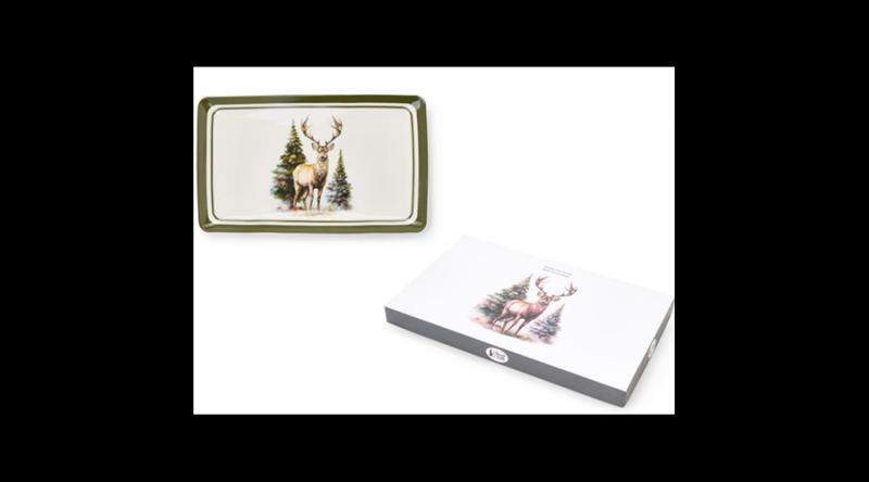 N.S.BGQ252003 Porcelántálca 21x13x1,6cm, Bosco incantato, szarvas