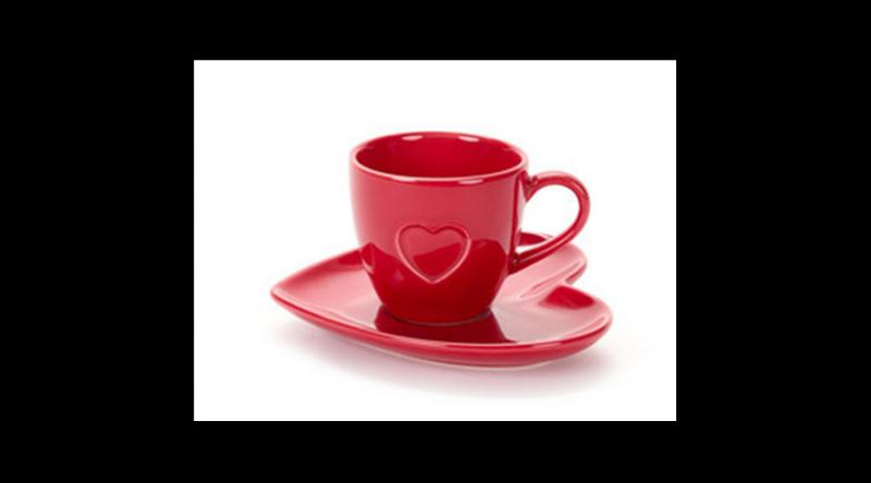 N.S.HGO231509 Piros presszóscsésze+alj, szív forma, porcelán, 6,2x3,7x5,8cm