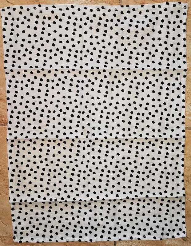 Pamut konyharuha, fehér alapon fekete csepp mintázattal, 45x60 cm, 1 db