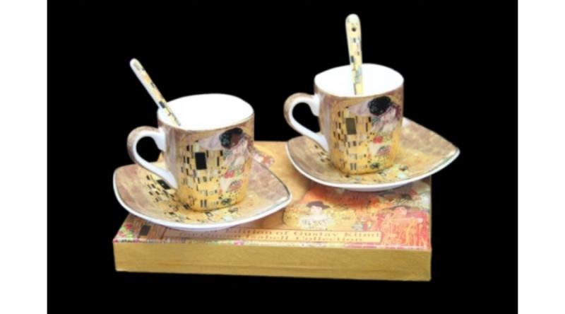 P.P.W3A06-24573 Porceláncsésze+alj szögletes 100ml,kanállal,2 személyes, Klimt:The Kiss