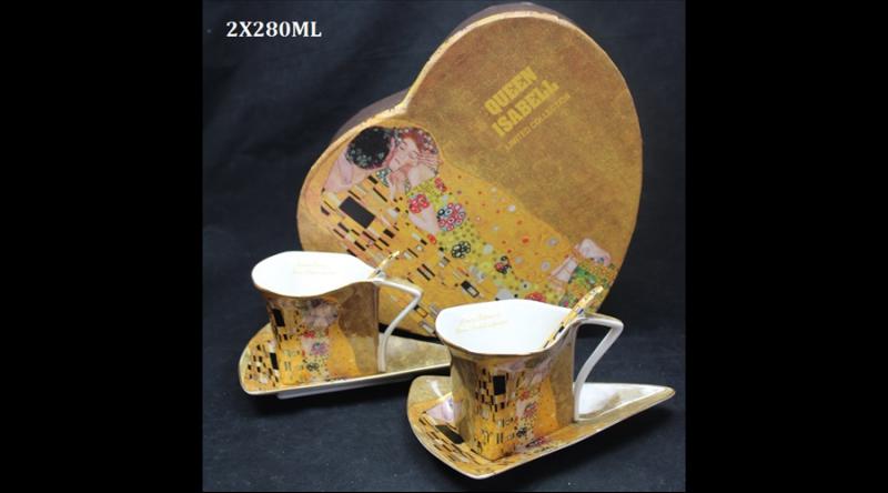 P.P.W3A34-15727 Porceláncsésze+alj háromszögű, 2 személyes, 225ml, Klimt:The Kiss