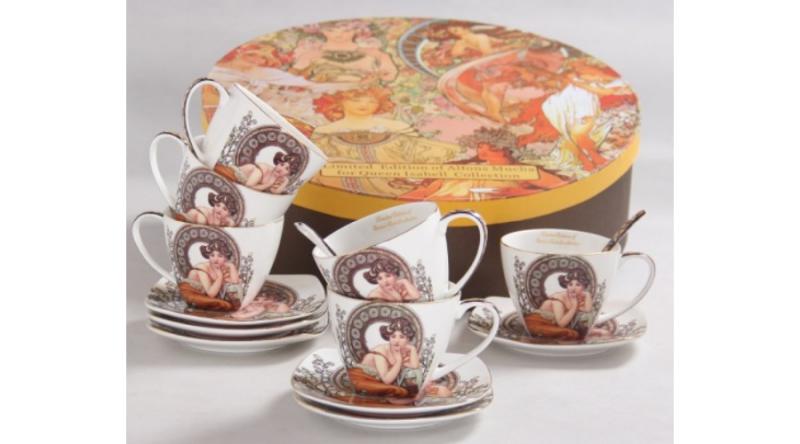 P.P.W3S18-35678 Porceláncsésze+alj 6 személyes,kanállal, 225ml, Mucha:Topáz,fehér