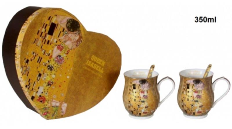 P.P.W8A93-2-24073 Porcelán bögreszett kanállal 2db-os,korsóforma,350ml, Klimt:The Kiss