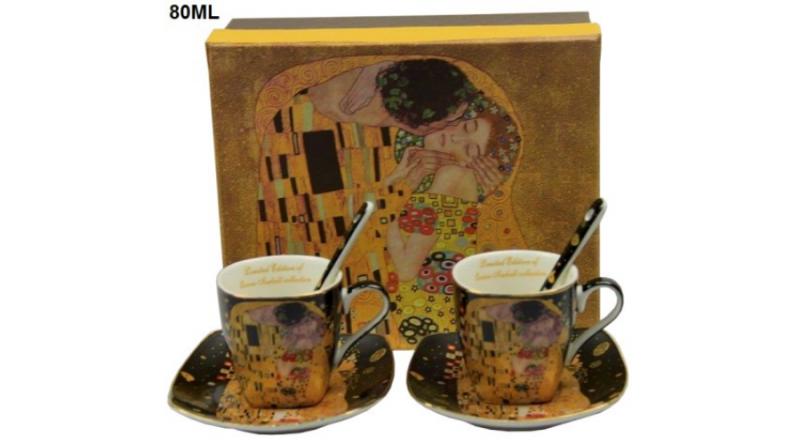 P.P.W9KL306-09091 Porceláncsésze+alj,80ml,kanállal,2 személyes,Klimt: The Kiss