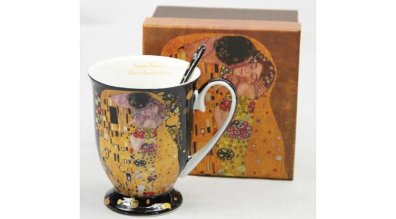 P.P.W9KL338-09121 Porcelán lábasbögre kanállal, 300ml, Klimt:The Kiss