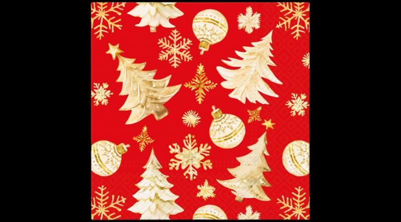 P.W.SDL238903 Golden Christmas Trees red papírszalvéta 33x33cm,20db-os