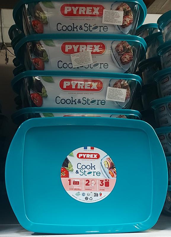 Pyrex Cook Store; szögletes üveg sütőtál, műanyag tető, 28X20X8 cm, 2,5 liter