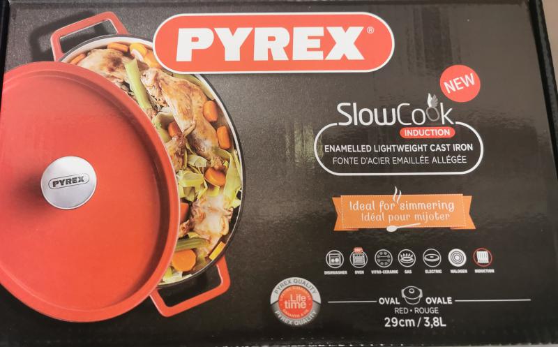 Pyrex SlowCook Red öntöttvas sütőtál fedővel, ovál, 29 cm, 3,3 liter