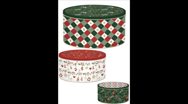 R2S.099FACH Fémdoboz 3 db-os szett kerek,20x8,5/17x8/13,5x6,5cm, Fancy Christmas, Coffee Mania