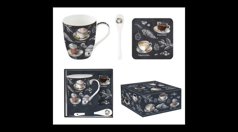 R2S.1045BRST Porcelánbögre 350ml kanállal, parafa poháralátéttel, dobozban, Barista