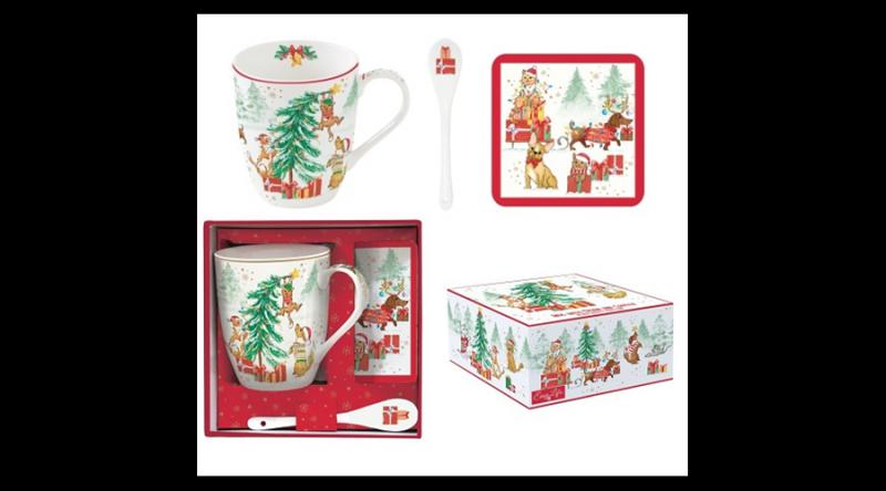 R2S.1045CHGA Porcelánbögre 350ml kanállal, parafa poháralátéttel, dobozban, Christmas Gang