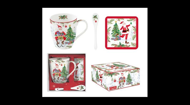 R2S.1045JOYF Porcelánbögre 350ml kanállal, parafa poháralátéttel, dobozban, Joyful Santa