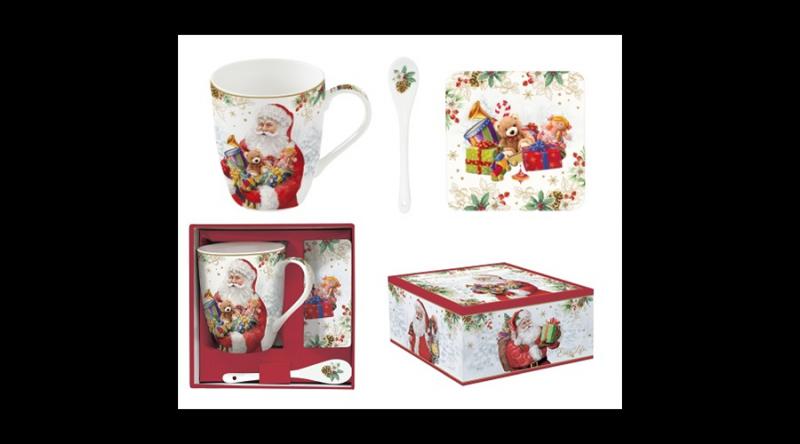 R2S.1045SANC Porcelánbögre 350ml kanállal, parafa poháralátéttel, dobozban, Sant Is Coming