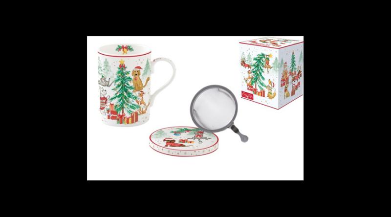 R2S.105CHGA Porcelán szűrősbögre tetővel, 350ml, dobozban, Christmas Gang