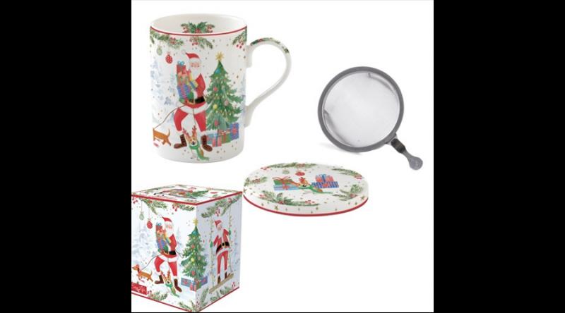 R2S.105JOYF Porcelán szűrősbögre tetővel, 350ml, dobozban, Joyful Santa