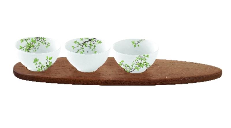 R2S.1088NTRA Porcelán 3db-os tálkaszett akácfa tálcán, 40x10,5cm, dobozban, Natura