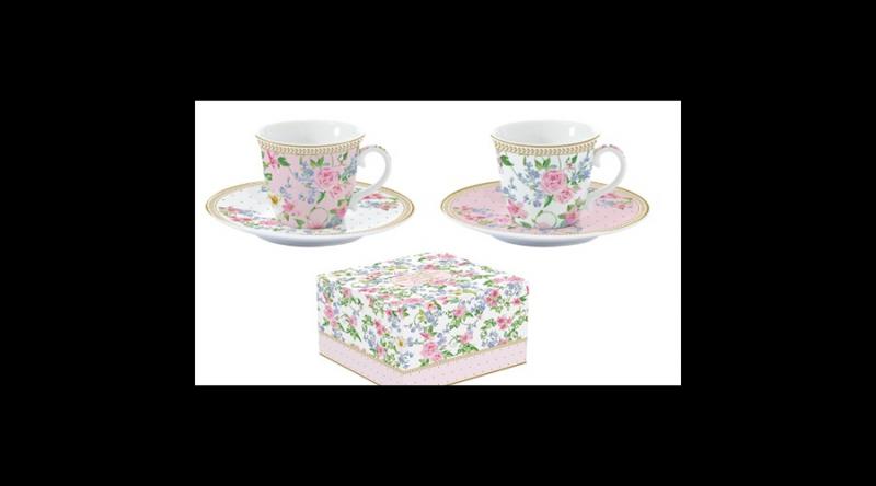 R2S.1107GAJO Porcelán eszpresszócsésze+alj 2 személyes 80ml, dobozban,Garden Joy