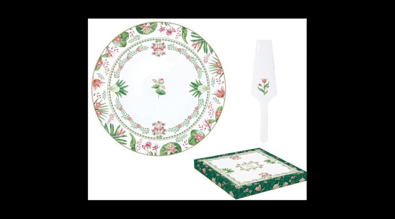 R2S.1112BOCH Porcelán tortatál lapáttal, 32cm, dobozban, Botanical Chic