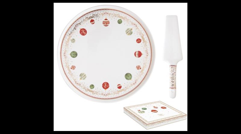 R2S.1112CEVE Porcelán tortatál lapáttal, 32cm, dobozban, Christmas Eve