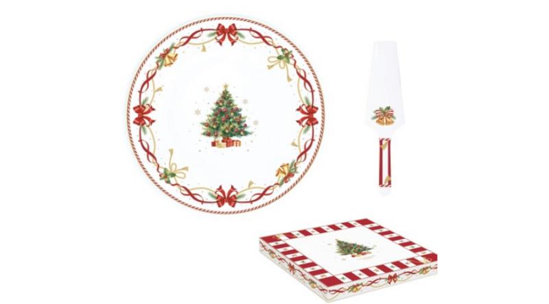 R2S.1112CTAL Porcelán tortatál lapáttal, 32cm, dobozban, Christmas Tale