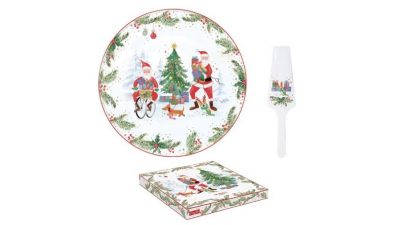 R2S.1112JOYF Porcelán tortatál lapáttal, 32cm, dobozba, Joyful Santa