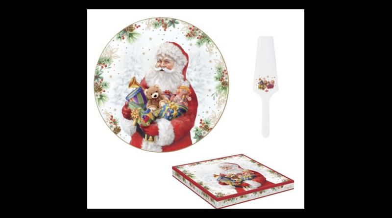 R2S.1112SANC Porcelán tortatál lapáttal, 32cm, dobozban, Santa Is Coming