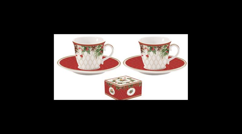 R2S.1175CHBE Porcelán eszpresszócsésze+alj 2 személyes, 80ml, dobozban, Christmas Berries