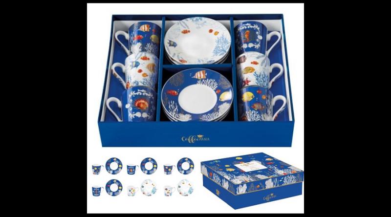 R2S.126AQRM Porcelán eszpresszócsésze+alj 6 személyes 100ml dobozban,Aquarium, Coffee Mania