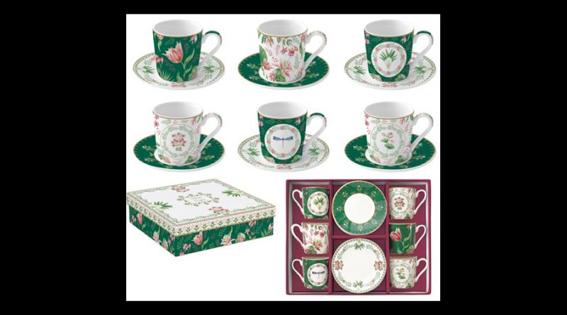 R2S.126BOCH Porcelán eszpresszócsésze+alj 6 személyes, 100ml, dobozban, Coffee Mania, Botanical Chic