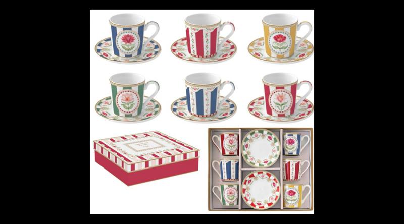 R2S.126FLRY Porcelán eszpresszócsésze+alj 6 személyes, 100ml, dobozban, Coffee Mania, Flowery