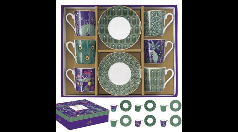 R2S.126IMPP Porcelán eszpresszócsésze+alj 6 személyes, 100ml, dobozban, Imperial Peacock, Coffee Mania